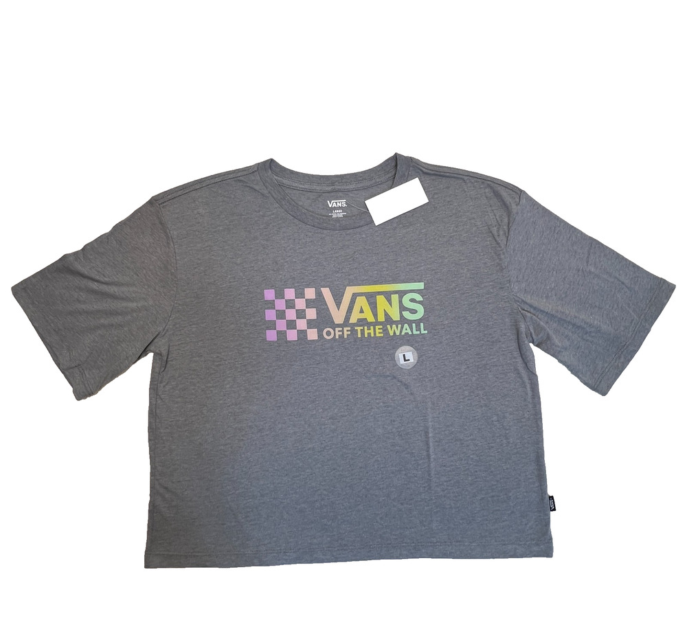 Vans Off The Wall Rainbow Checkerboard Logo Graphic Cropped T-Shirt, Sz L